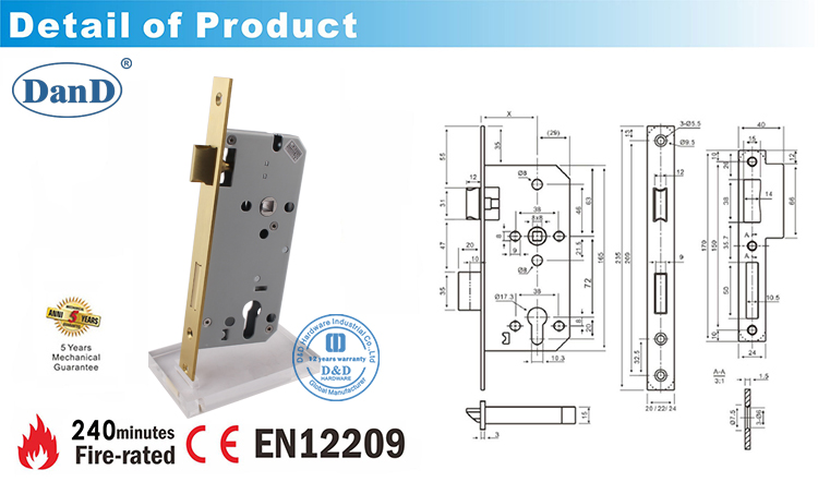 Satin Brass-Ce-Ce Mortice Door Lock DDML009-D и D Аппаратное обеспечение