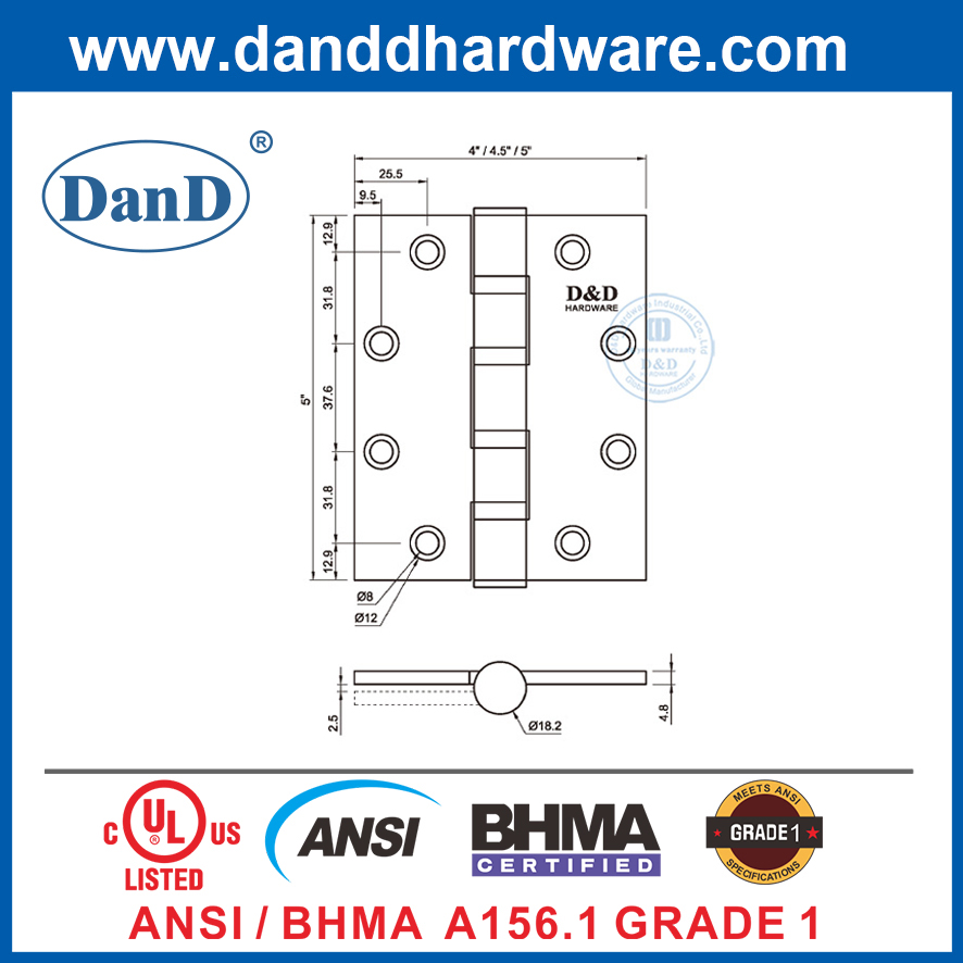 ANSI Grade 1 BHMA Heavy Duty 5-дюймовая дверь из нержавеющей стали Hinges-DDSS001-ANSI-1-5x4,5x4,8