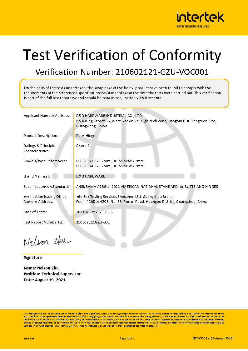 D & D Hardware-Ansi Сертификат 2-дверного шарнира 2-дюймового шарнира